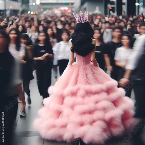a woman dressed as a princess different from the others, walks in the opposite direction from the others, generated with AI