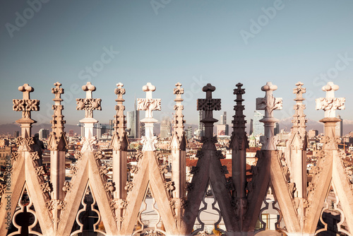 Marble patterns on the spires on the roof of the Duomo, the Cathedral of Milan city, in Italy, Europe.