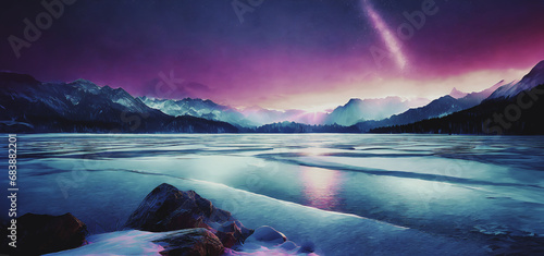 illustrazione di paesaggio con grande lago ghiacciato e sole che sorge sopra un orizzonte montuoso