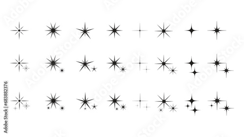 Sparkling stars composition. Glowing black star stencil, isolating various sparkling elements. Sky objects, flashing vector sign clipart collection of different Christmas snowflakes