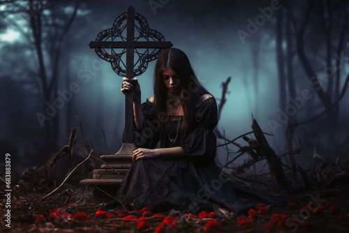 young woman in black dress next to grave in forest with red roses