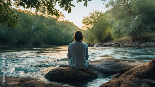 An image of a person sitting on a riverbank, with their feet dipped in the cool, flowing water, experiencing the soothing and meditative qualities of riverside serenity