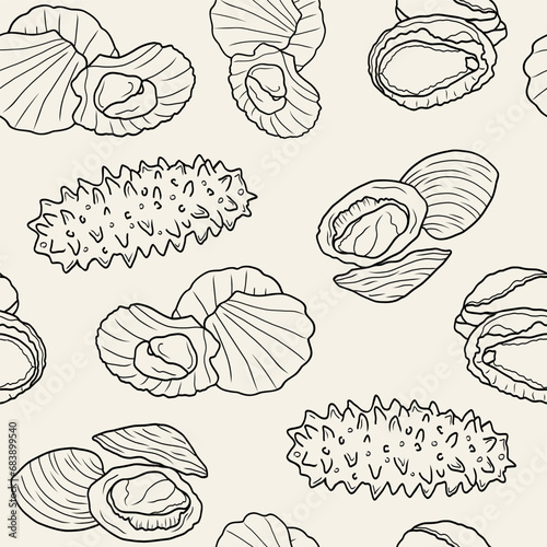 Line art seafood seamless pattern. Scallops, clams, sea cucumber, abalone