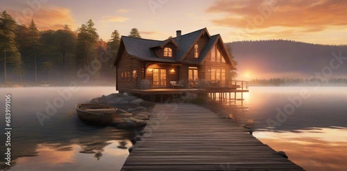 a beautiful house at sunset around the lake 