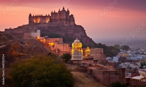 The Jaswant Thada and Mehrangarh Fort in background at sunset, The Jaswant Thada is a cenotaph located in Jodhpur, It was used for the cremation of the royal family Marwar, Rajasthan, Generative AI 