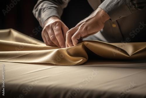 A person is seen cutting a piece of cloth on a table. This image can be used for various sewing, tailoring, or crafting projects