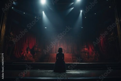 A woman wearing a black dress standing on a stage. This image can be used to depict a performer, an actress, or someone giving a speech or presentation