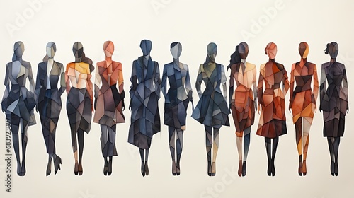 AI-generated colorful low-poly illustration of a lineup of silhouetted women. MidJourney.
