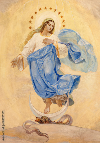 VICENZA, ITALY - NOVEMBER 7, 2023: The fresco of Immaculate Conception on the ceiling of church Chiesa di Santa Lucia by Rocco Pittaco (1862).