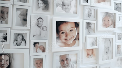 White wall with photos of the family in various photo frames. Space for text