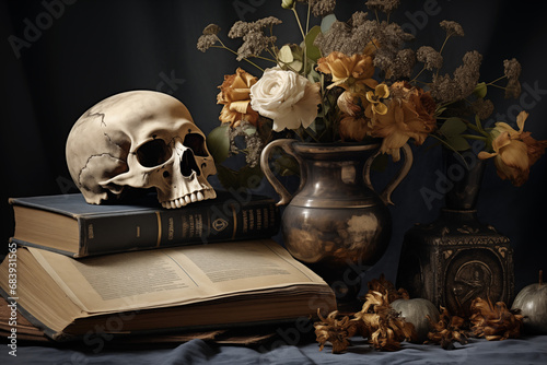 Vintage Still Life Remembrance Memento Mori Skull Flowers Books Dark Academia Memorial Background