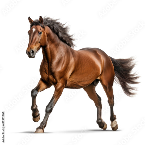 Purebred brown horse isolated on white background. Galloping stallion