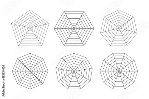 Radar, spider diagram template. Spider mesh. Polygon graphs. Diagram for statistic and analytic. Blank radar charts. Simple coaching tool. Grid with segments. Vector flat illustration.