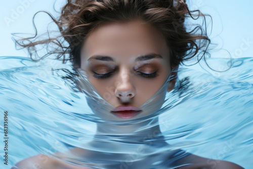 Advertising about skin care and moisturizing, portrait of a girl with closed eyes and crystal clear water enveloping her face, care and cosmetic procedures