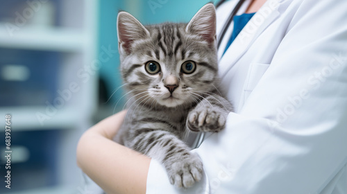 The hands of a veterinarian girl hold a gray striped kitten in a veterinary clinic, close-up. The concept of treatment and care of pets