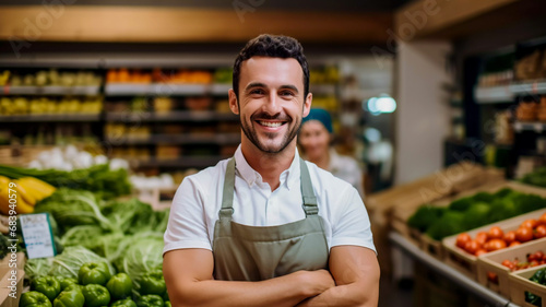 Portrait of an attractive smiling young man working as a greengrocer standing in a vegetable and fruit shop retailer selective focus shop mananger at work