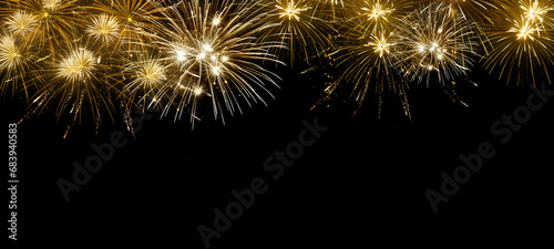 Sylvester Silvester 2024 New year New Year's Eve Party background banner panorama long- Gold firework display pyrotechnics fireworks on dark black night sky