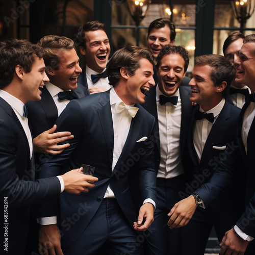 best man, groomsman and groom with their friends celebration men only