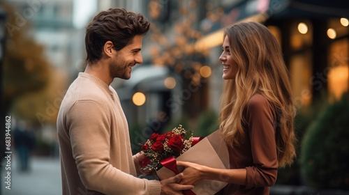 young handsome man gives a gift to a beautiful woman on a city street, date, love, Christmas, Valentine's day, guy and girl, romance, boyfriend, new year, family, couple of lovers, birthday, emotions