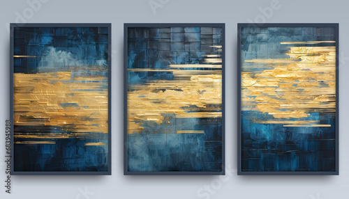 A set of three abstract paintings with gold and blue colors in style grunge.