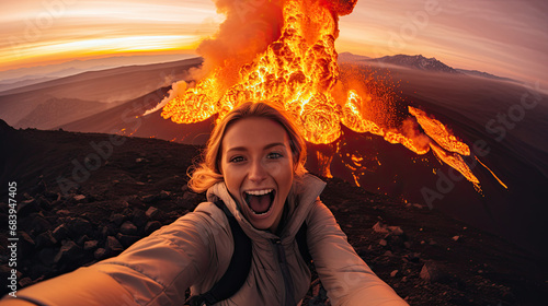Woman taking a selfie with an active volcano