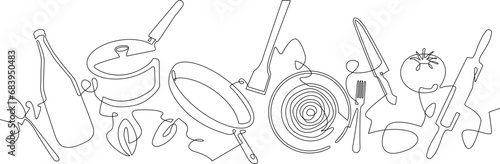 Vector illustration with food isolated on white background. Banner. Continuous line drawing style. Cooking.