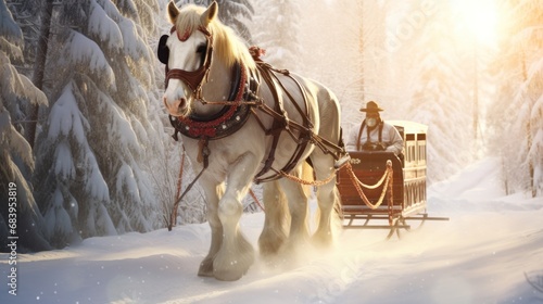  a white horse pulling a sleigh through a snow covered forest with a person on a sleigh.