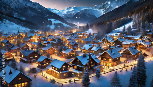 Village or town in rural, winter landscape at night. Illuminated Houses with snow mountain background during Christmas. travel destination, ai generated