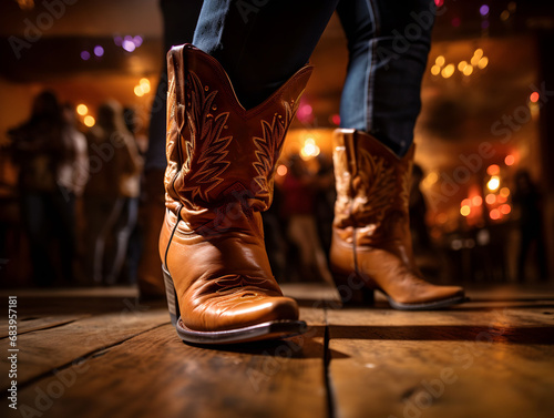 Close-up picture of shoes while people are dancing, american boots, dance party at a bar, american traditional dance, cowboy shoe