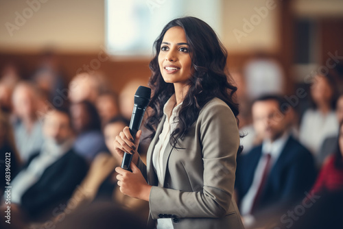 An indian woman in suit giving a speech at a conference