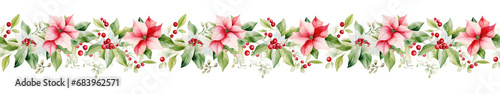 Seamless border with red poinsettias and berries, perfect for holiday designs.