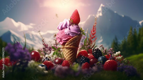 Forest fruits ice cream. Scoops of italian dessert with waffle cone on isolated background. Illustration for banners, landing pages and web pages with summer motifs. Copy space. Generative AI