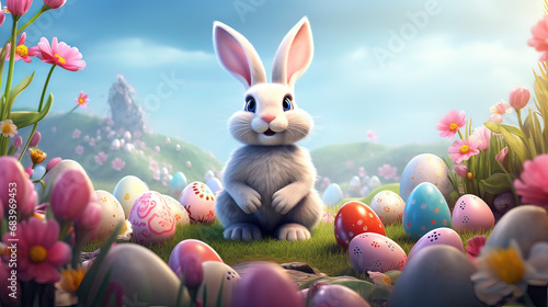 Horizontal AI illustration. Cartoon rabbit in a meadow with easter eggs. Religions and cultures.