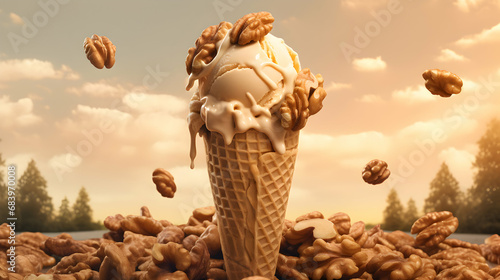 Walnut ice cream. Scoops of italian dessert with waffle cone on isolated background. Illustration for banners, landing pages and web pages with summer motifs. Copy space. Generative AI
