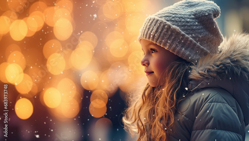 niña vestida de invierno con gorro de lana en la calle bajo la nieve con fondo desenfocado dorado