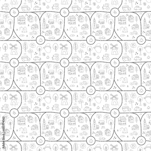 Cute city map Seamless Pattern, Cartoon town landscape background, vector Illustration.