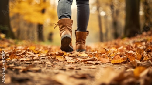  a close up of a person's feet walking through a leaf covered path in a park with trees in the background.