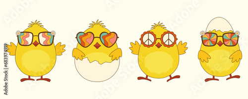 Vector collection of groovy easter chicks. Trendy retro 60s, 70s.Vector illustration for design or print