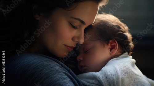 Happy young woman holding her newborn baby. Mother hugging her child, motherhood, family, childcare concept background
