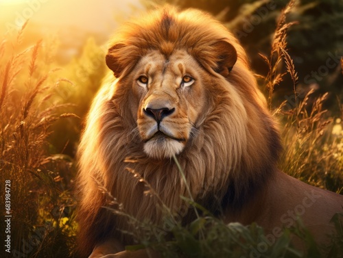Encounter with a Majestic King: A Closer Look at a Magnificent Lion in His Natural Habitat Generative AI