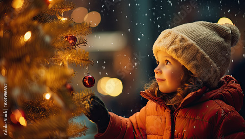 niña vestida de invierno con gorro de lana viendo un árbol de navidad en la calle bajo la nieve