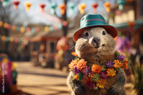 Groundhog Day. February 2nd, Punxsutawney Phil, hat, happy and smiling. folklore, superstition, weather forecasting, symbol of anticipation for changing seasons. banner, greeting card, copy space.