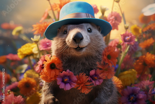 Groundhog Day. February 2nd, Punxsutawney Phil, hat, happy and smiling. folklore, superstition, weather forecasting, symbol of anticipation for changing seasons. banner, greeting card, copy space.