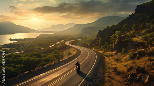 A motorcycle / motorcyclist riding down a scenic curvy road