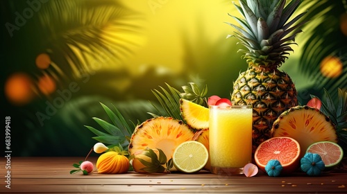 Background with cheerful cocktail tropical fruits - pineapples, coconuts and passion fruit