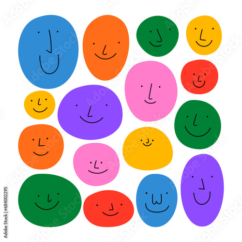 Colorful cartoon character face circle avatar illustration set. Funny people faces, diverse profile icon in trendy cartoon style. Social media reaction sticker, children portrait drawing.