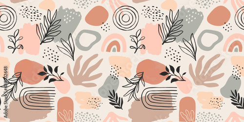 Abstract nature shapes seamless pattern with tropical plant leaf and watercolor paint doodles in soft earth colors. Minimalist hand drawn background, wallpaper or fashion print texture.