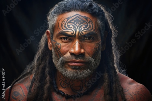 Man with Maori tribal tattoos and traditional hairstyle