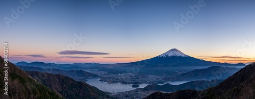 Super high resolution image of Mt. Fuji and Lake Kawaguchiko at magic hour.