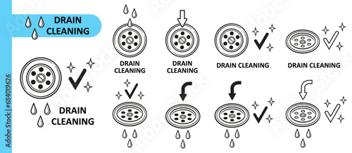 Sink drain hole cleaning, water sewage plumbing pipe, clean clogged sewer line icon set. Liquid chemical cleaner for sewerage pipeline in kitchen, bathroom. Wash bath or shower drainage tube. Vector
